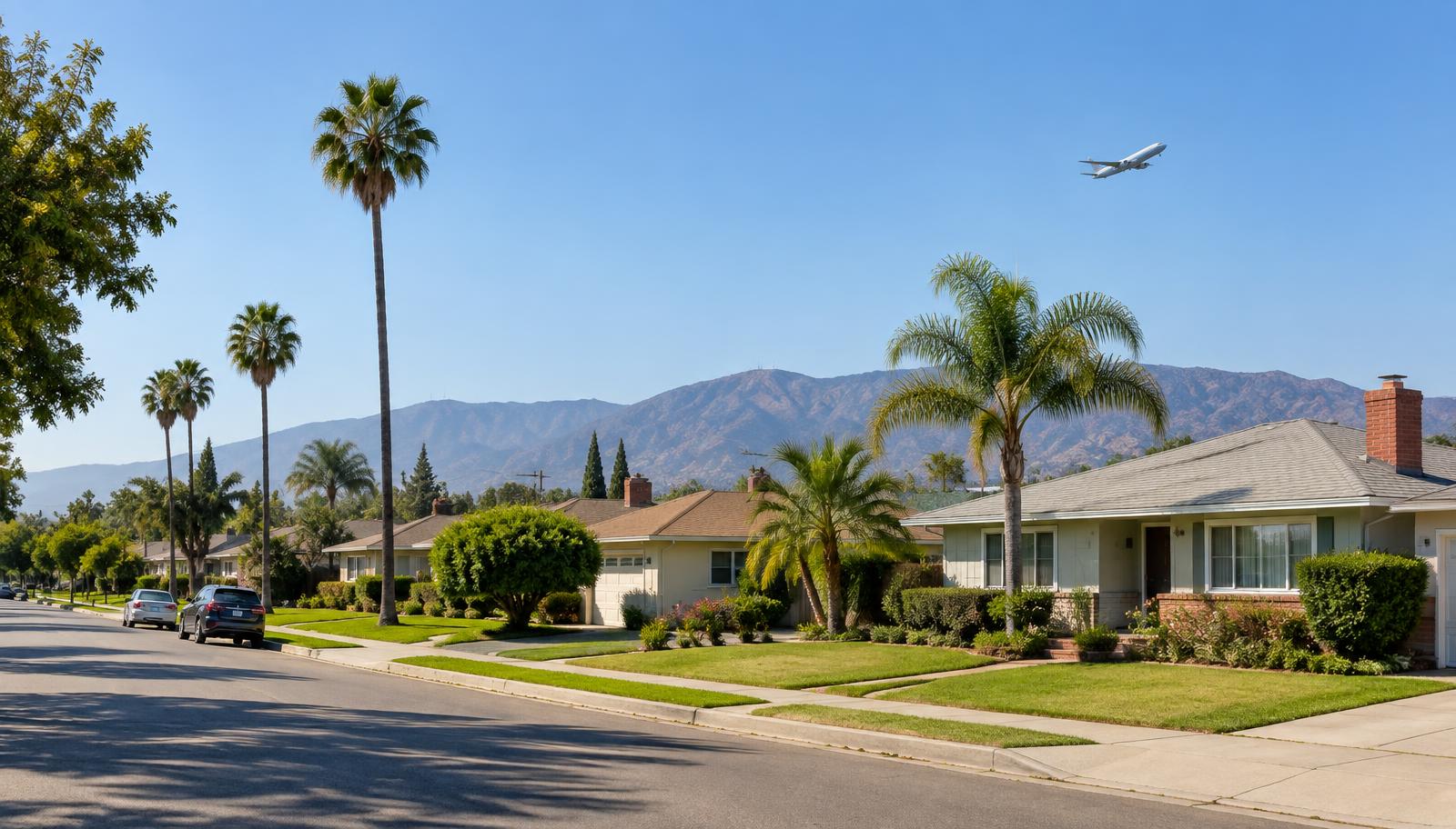 Sunny street of 1950s ranch homes in northwest Burbank with a plane climbing over the Verdugo Mountains