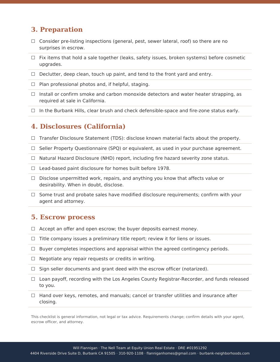 Page two of the Burbank home seller checklist: preparation, disclosures, and the escrow process